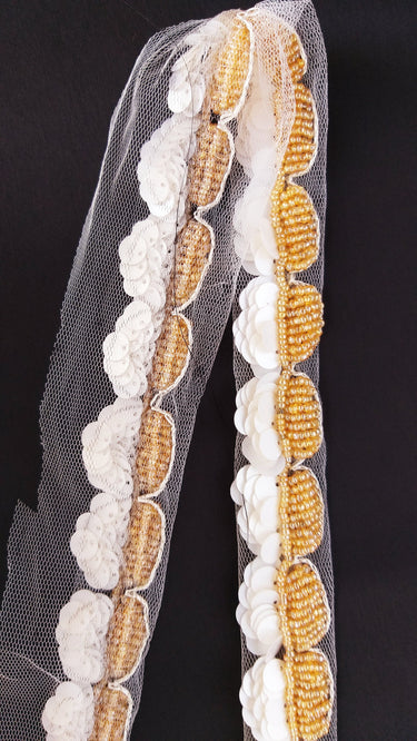 White Net Lace With Off White Sequins and Gold Beads, Scallop Trim, Exclusive Laces
